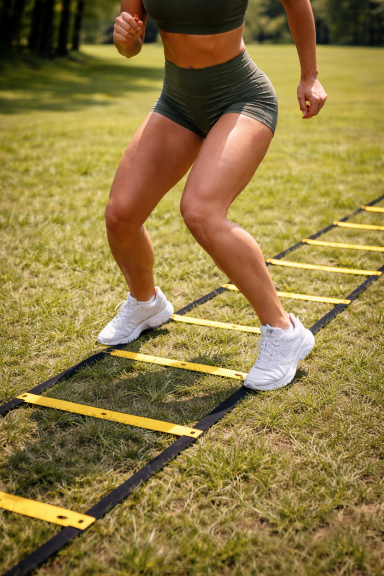Improve Movement A person performing agility drills on a yellow ladder on grass.